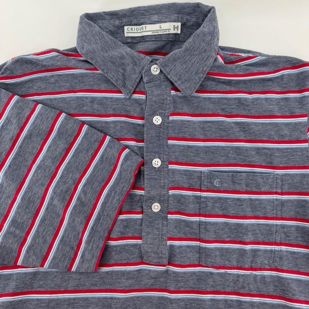 Criquet Mens Players Shirt Blue Red Striped Pima Cotton Stretch Polo Large